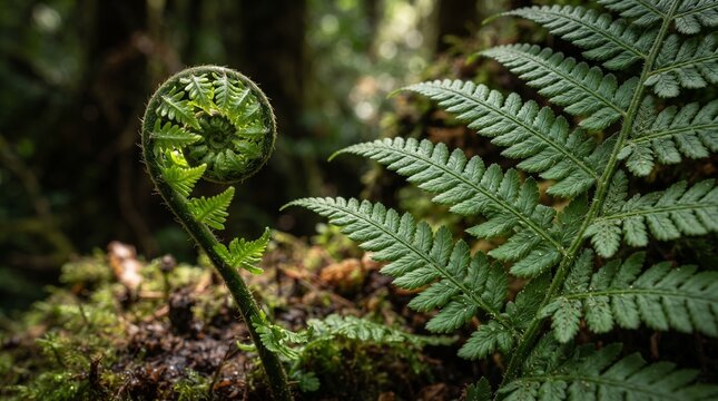Unfurling green fern fiddlehead koru on a mossy forest floor beside a mature fern leaf in a lush temperate rainforest