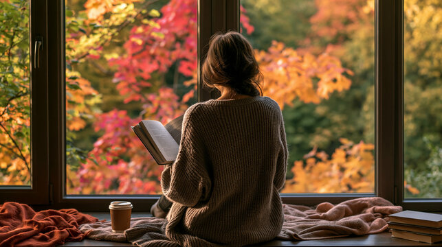 a windowsill, her back to the viewer, engrossed in reading a book. She wears a textured, beige sweater. A cozy blanket covers her lap, and a cup of coffee sits beside her.