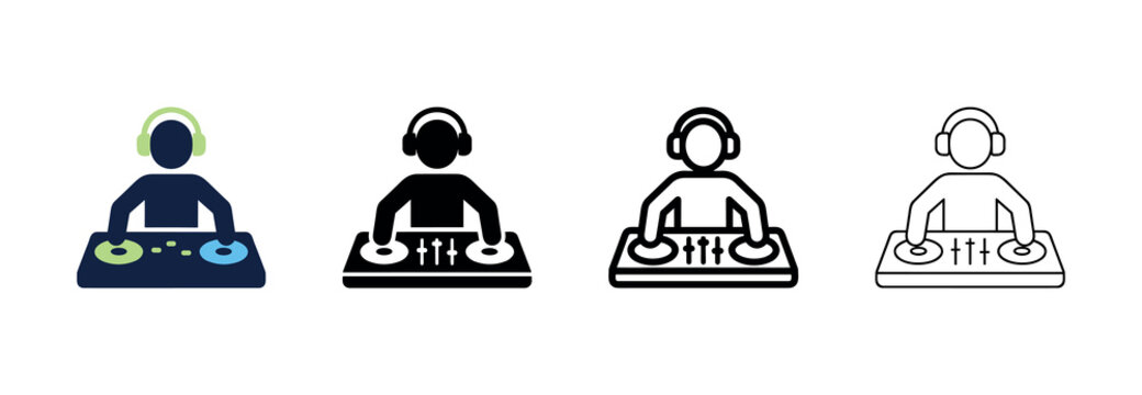 DJ with Headphones Mixing Music on Turntable Icon Set
