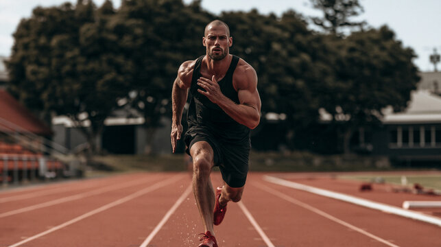 Speed and Power on the Track: A muscular male athlete sprints intensely on a red running track, his powerful physique on full display as he pushes his limits toward the finish line.