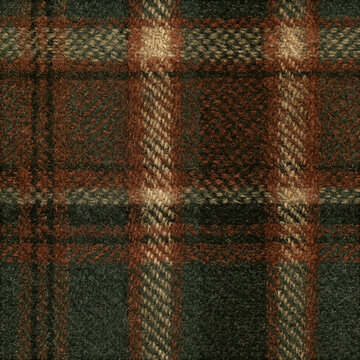 a textured fabric with a plaid pattern. The fabric has a rich, warm color palette of brown, green, and beige hues. The pattern consists of interlocking lines and rectangles.