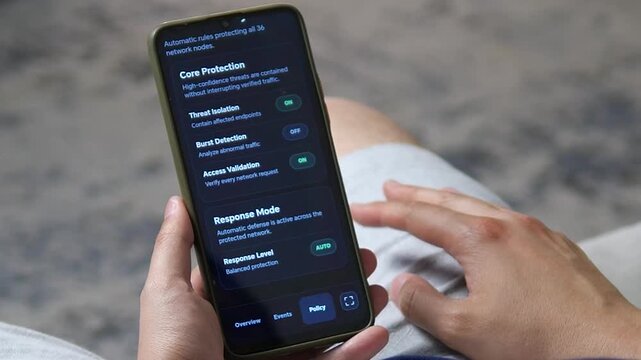 User reviews automated network protection settings on a smartphone, highlighting threat isolation, access validation and real-time cybersecurity response for connected systems.