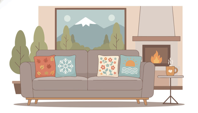 Comfortable living room sofa styled with patterned throw pillows in front of a mountain landscape artwork.