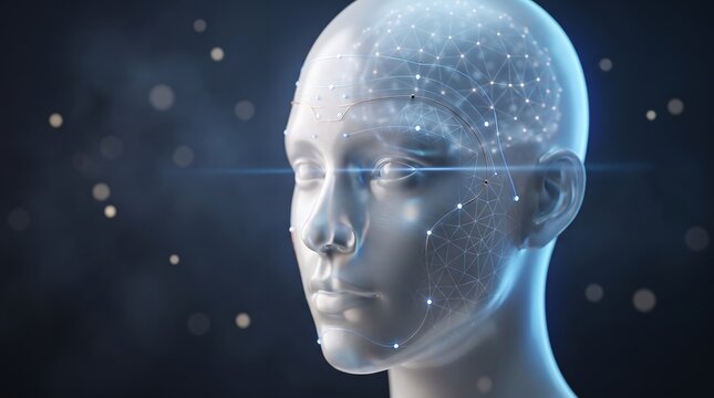 Futuristic human head profile with glowing digital network points representing artificial intelligence concept