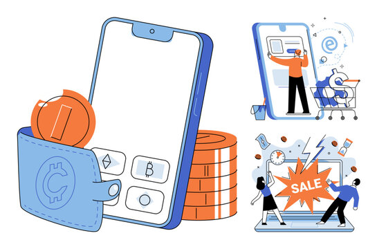 Mobile payment and online shopping vector illustration. E-commerce, digital finance, cryptocurrency, retail marketing, consumer behavior, internet banking. Smartphone wallet and store sales