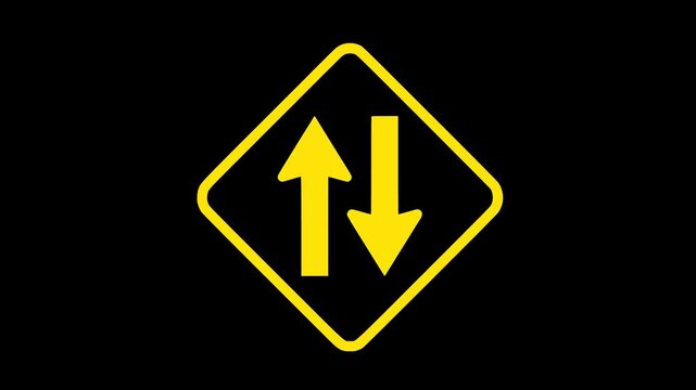 animated two way traffic sign loop with alpha channel. Cartoon style directional road symbol for safety, transit, and navigation video projects