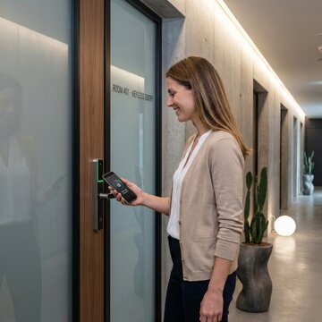 Professional woman efficiently unlocks a modern office door using a smartphone with an advanced digital access control system, ensuring secure and convenient entry in a contemporary workplace