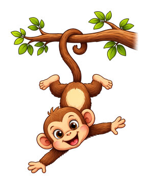 PNG Playful monkey swinging on tree branch illustration.