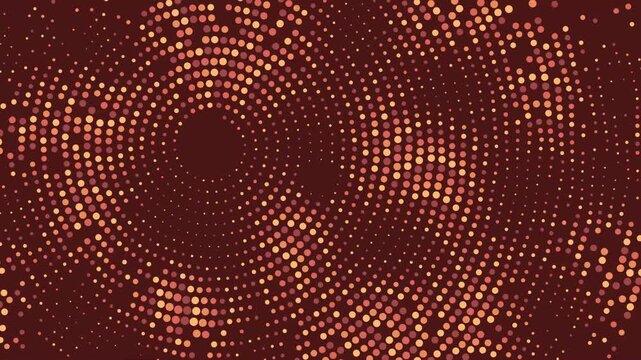 Abstrakcyjne tło z kropkami w układzie spiralnym, pulsujące ziarno halftone w kolorze pomarańczowym, ż&oacute;łtym i czerwonym. Zapętlone tło.