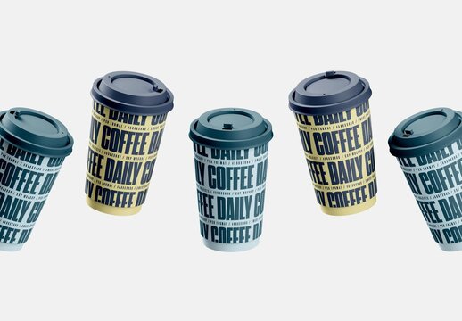 5 Coffee Cups Row Mockup