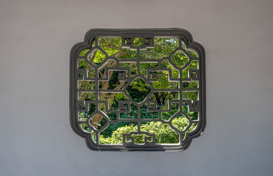 Classical garden lattice window in East Lake Park, Linhai, Taizhou, Zhejiang