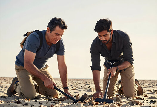 Treasure hunting and hobby exploration, two men using metal detectors on a sandy beach searching for lost items and historical artifacts in nature