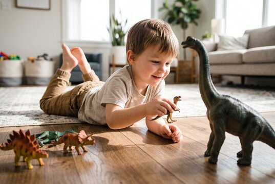 Child Lying on Floor Playing with Large Dinosaur Toy at Home