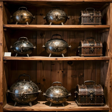 Antiques and collectibles, vintage metal storage containers and treasure chests displayed on rustic wooden shelves in a traditional shop or museum