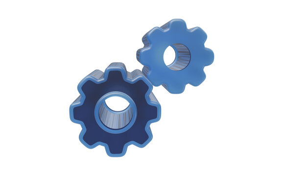 Two interconnected blue glossy gear wheels 3D icon isolated on transparent background for business cooperation and teamwork concepts