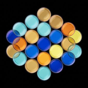 Cluster of Colorful Transparent Glass Discs on Black Background