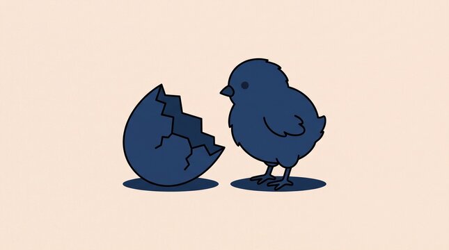 Blue cartoon chick hatching from a cracked egg with broken shell pieces