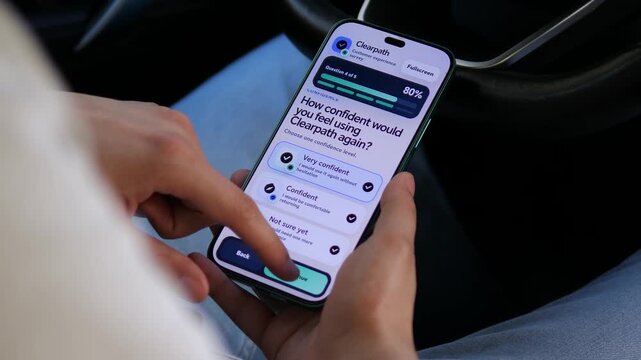 Customer completes a mobile experience survey, rating clarity, usability and confidence as digital businesses turn feedback into measurable satisfaction and retention insights.