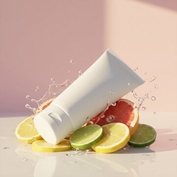 Blank white cosmetic tube with citrus fruit slices and water splashes on pink background.
