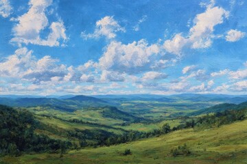 Fototapeta premium Scenic landscape with rolling hills and blue sky.