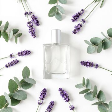 A glass perfume bottle surrounded by fresh lavender sprigs and eucalyptus leaves on a white background.