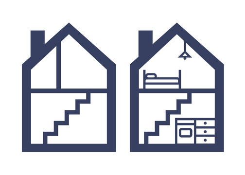 Tiny house floor plan with stairs, kitchen and bedroom layout. Interior design, real estate and architecture vector illustration.