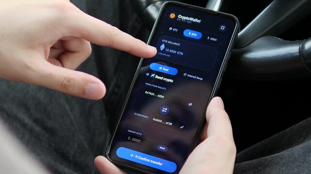 Person manages cryptocurrency transfers on a smartphone, switching between digital assets and wallets as mobile finance, blockchain payments and self-custody reshape money.