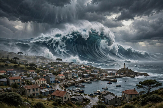 Giant tsunami wave approaching a coastal town, dramatic disaster scene