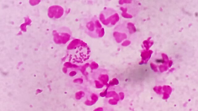 Microscopic footage of urethral smear for Gram stain. Gram negative intra and extracellular diplococci are seen.