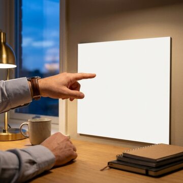 A man pointing at a blank white square frame on a wall in a home office.