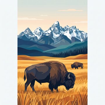 American bison grazing in a golden prairie with snow-capped mountains, flat vector landscape illustration. A large dark-furred bison stands in the foreground among tall amber grass, with a smaller