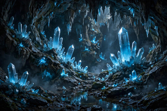 Luminous blue crystal cave with glowing formations