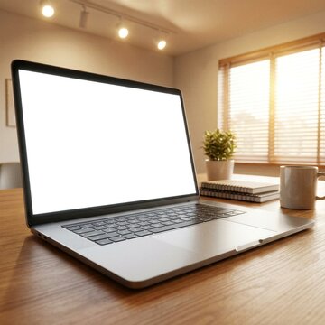 Modern laptop with blank white screen on a wooden desk in a home office.