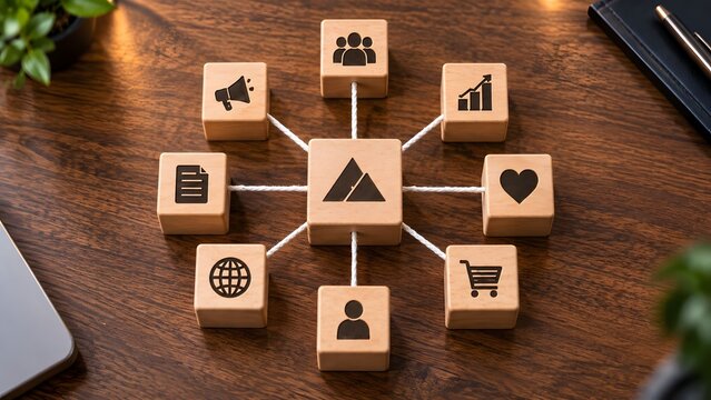 Brand ecosystem and omnichannel marketing concept with connected wooden block representing customer touchpoint and business network