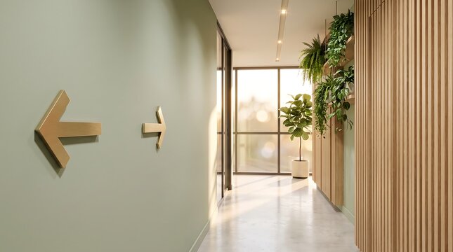 Modern hallway with green wall and wooden arrow direction signs pointing left toward a sunny window and plant