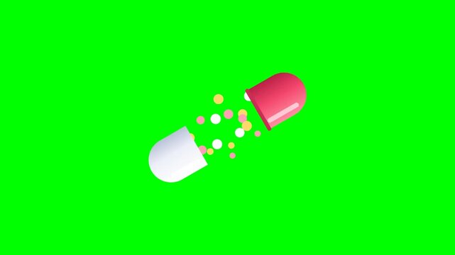Glossy pill capsule spinning and opening loop on green screen