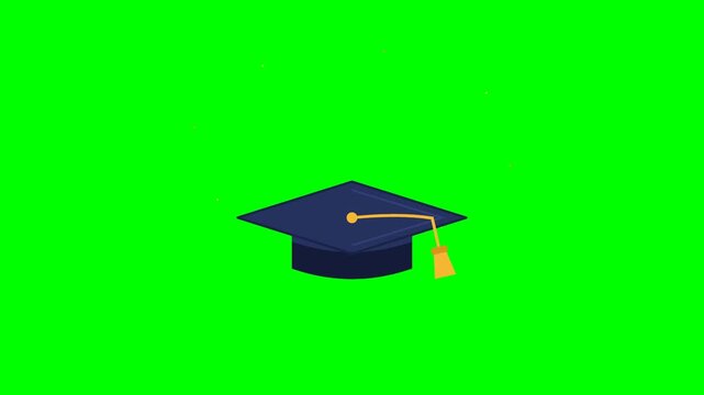 Graduation cap tossed up with spin and sparkles on green screen