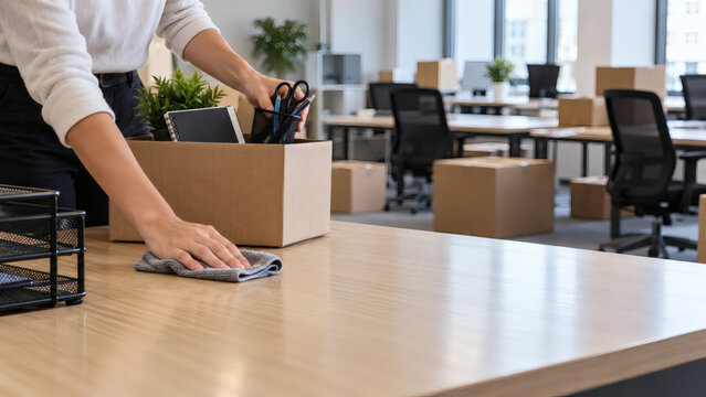 Woman wiping and cleaning office desk with microfiber cloth next to packed box with stationery during corporate relocation or job resignation