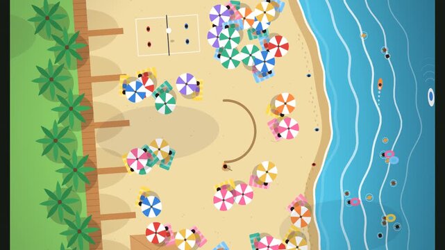 Aerial View of Busy Beach Day Progressing into Evening with People Enjoying Summer Activities