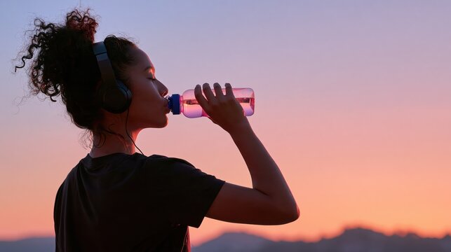 Woman with curly hair drinking water from a bottle while wearing headphones at sunset outdoors