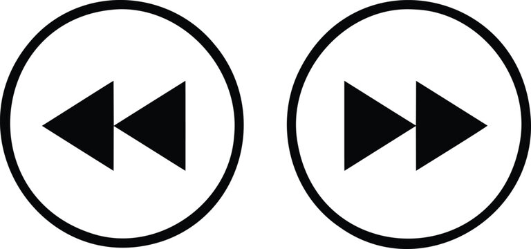 Rewind and fast forward button set, minimalist black media player icons, circular navigation symbols for video and audio playback interfaces