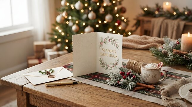 Open christmas greeting card with a gold pen and hot cocoa on a wooden table with christmas tree background