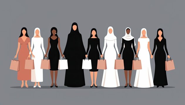 A diverse group of women holding hands and shopping bags.