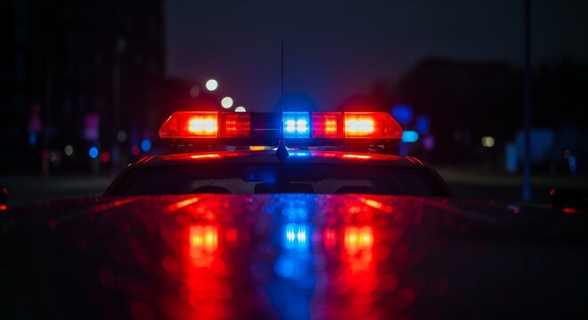 Police car emergency light bar glowing red and blue at night