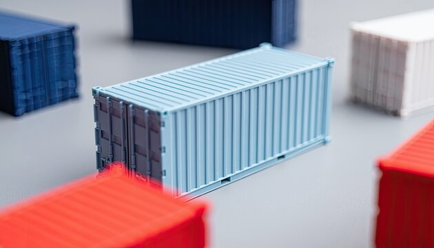 Several colorful shipping containers are arranged on a neutral surface.