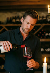 Naklejka premium Wine tasting and sommelier expertise, man pouring red wine into glass in a dark cellar with candlelight for luxury lifestyle and hospitality marketing
