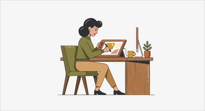 A focused female graphic designer skillfully creating vibrant digital illustrations on a modern drawing tablet, bringing artistic concepts to life at her cozy workspace