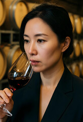 Naklejka premium Wine tasting and sommelier expertise, professional woman evaluating red wine quality in a cellar with oak barrels for luxury lifestyle and hospitality