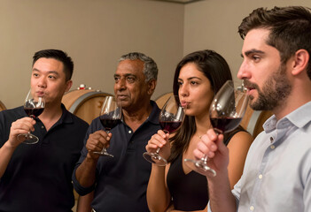Naklejka premium Wine tasting and social networking, diverse group of friends enjoying red wine at a winery cellar with oak barrels for corporate event or leisure activity