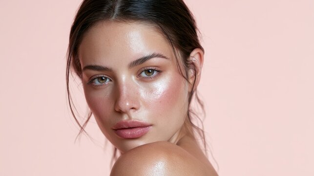 Portrait of a beautiful young woman with glowing dewy skin and natural makeup, soft pink background